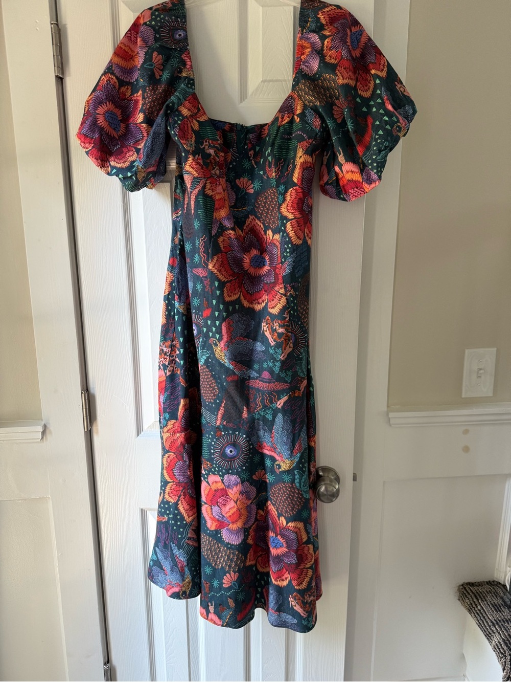 Farm Rio Midi Dress Floral Puff Sleeve Teal River Creatures Slit Large EC2